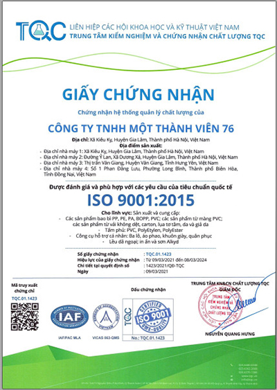 Chứng nhận ISO 9001:2015 - Bao bì, lều bạt Z76 - Công Ty TNHH MTV 76